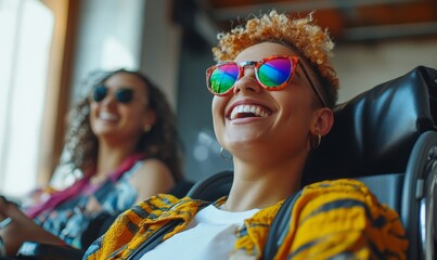 Inclusive image showing happy smiling disabled office colleagues in wheelchairs. LGBTQ+ coworkers laughing and bonding in a meeting. Diverse and accepting DEI workplace, Generative AI
