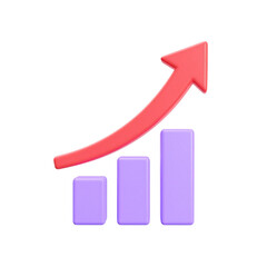 Rising Bar Chart: A vibrant red arrow soars upward above a gradient purple bar chart, symbolizing progress and positive growth in a clean, minimalist style.