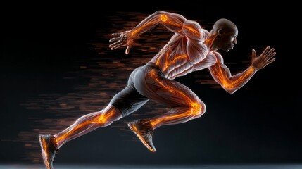 A dynamic shot of a person in motion, such as running or stretching, with an overlay of anatomical lines and labels highlighting muscle groups and joints.
