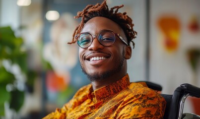 Inclusive image showing a happy smiling Black African American disabled office LGBTQ+ colleague in a wheelchair, Generative AI
