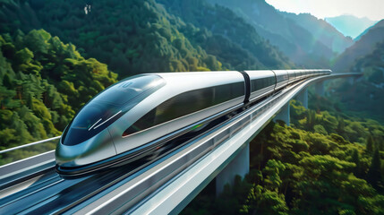 A sleek, futuristic maglev train speeding through a mountain landscape	A sleek, white magnetic levitation (maglev) train blurs with speed as it travels on an elevated track through a breathtaking moun