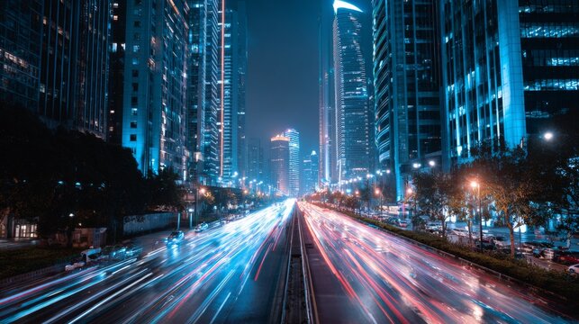 A dynamic shot of a modern city road with striking architecture, neon lights, and bustling traffic, showcasing the vibrant energy of urban life at night.