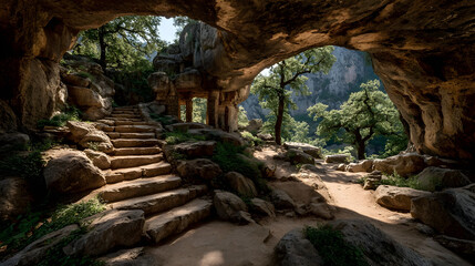 Obraz premium Stone steps bathed in sunlight gently ascending toward an inviting cave entrance