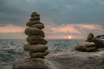 Stones, Sunset, Beach - Balanced Rock Tower at Sunset on Coastline