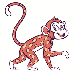 Animated orange monkey with spotted fur is happily walking on all fours here