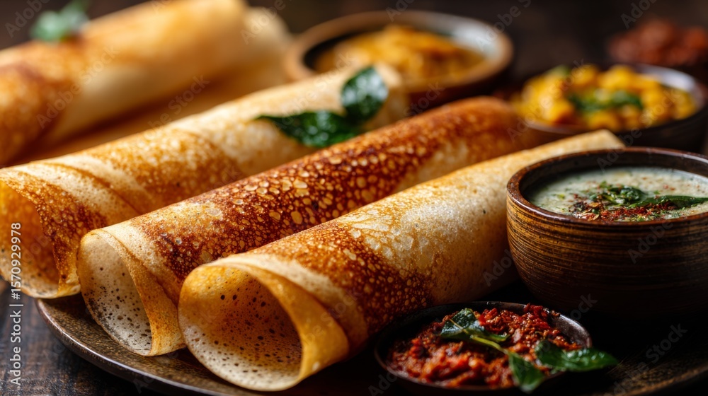 Poster A dynamic shot of freshly made dosas stacked high, served with coconut chutney and sambar on the side, emphasizing the textures and flavors of this popular South Indian dish