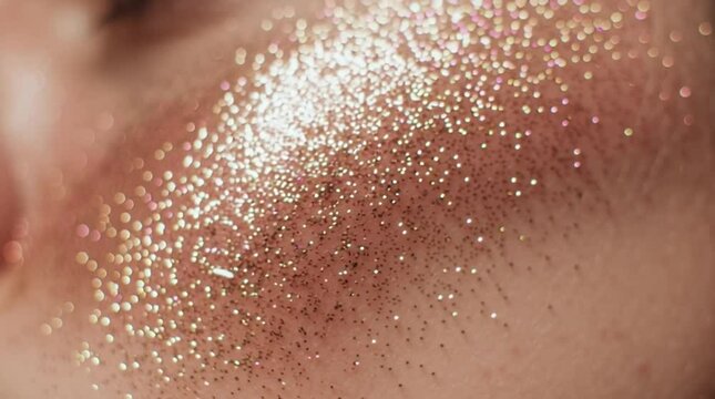 Artistic close-up of sparkling, colorful glitter smeared on a woman's cheekbone and soft skin. Festive party makeup concept.

