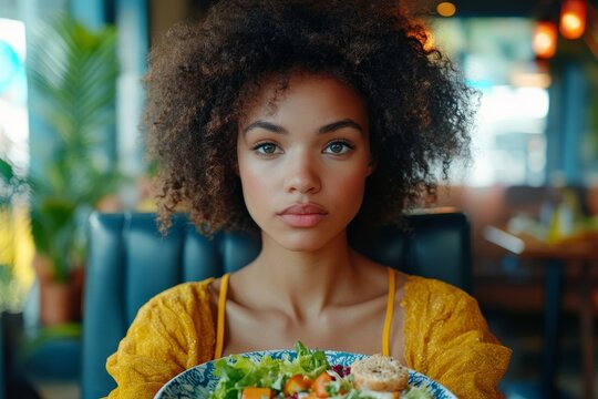Young woman eating salad but feeling bored with the food, expressing dissatisfaction with her meal choice, Generative AI