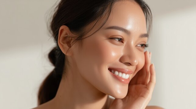 Portrait of a smiling woman with glowing skin enjoying the warm morning light indoors