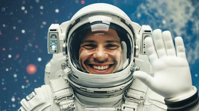 Astronaut Waving in Space with a Friendly Smile, Representing Exploration and Cosmic Friendship

