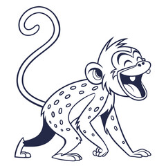 Contoured cheerful cartoon monkey with dotted fur joyfully roars while happily standing outlined on white