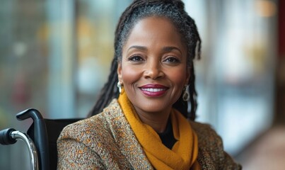 Smiling candid disabled African American businesswoman in a wheelchair at an inclusive work meeting. Copy space for text, Generative AI