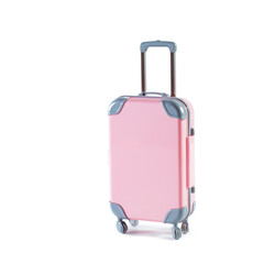 Travel pink suitcase on wheels isolated on white background.