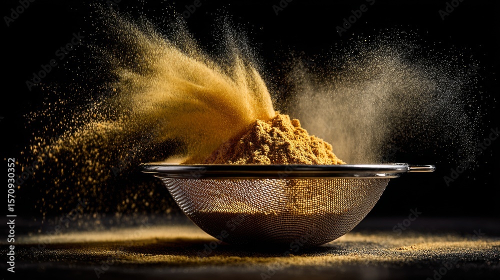 Poster a dynamic shot of turmeric powder being sifted through a fine mesh strainer, with a cloud of yellow 