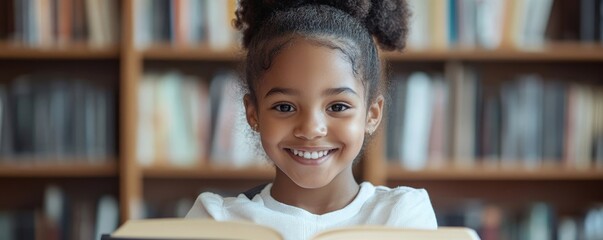Happy disabled Black school pupil sitting in a wheelchair reading a library book. African American child with disability learning in a classroom. Inclusive and diverse education, Generative AI