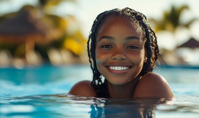 Happy Black girl swimming in a swimming pool on a summer vacation at an all-inclusive holiday resort, Generative AI
