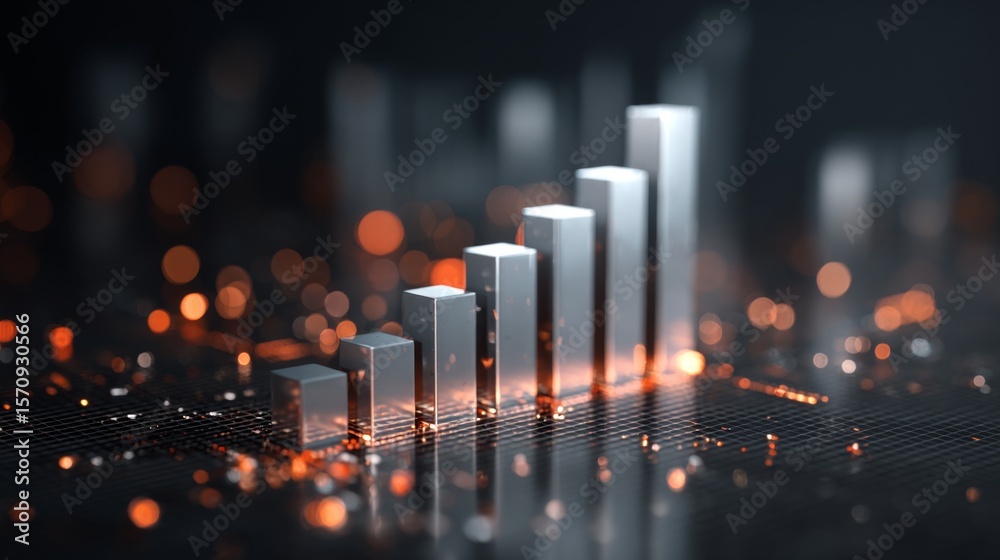 Poster a financial bar chart with translucent bars in ascending order, placed on a dark, sleek background w