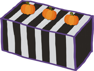 A rectangular black and white striped cake decorated with orange pumpkins, suitable for Halloween.