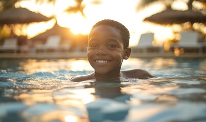 Happy young African Black boy swimming in a swimming pool on a summer vacation at an all-inclusive holiday resort, Generative AI