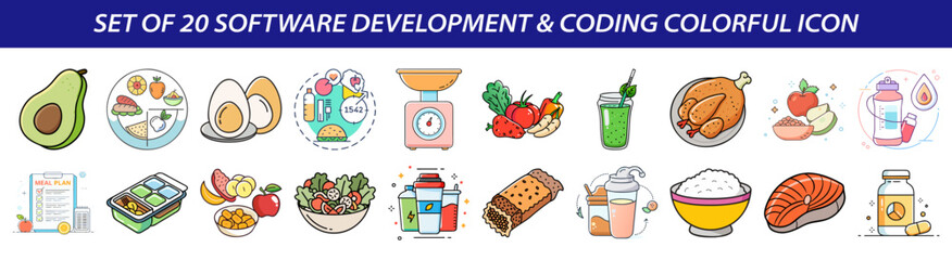 Set of Fitness Nutrition and Meal Prep Icons - Healthy Eating