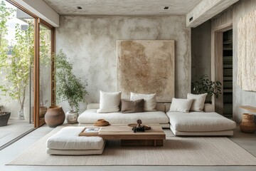 Japandi-style living room with a stucco wall, blending Scandinavian and Japanese aesthetics for a clean and modern look, Generative AI
