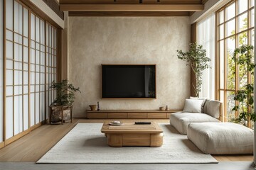 Japandi-style living room with a stucco wall, blending Scandinavian and Japanese aesthetics for a clean and modern look, Generative AI
