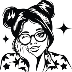 Black and white portrait shows a winking woman wearing glasses with stars nearby