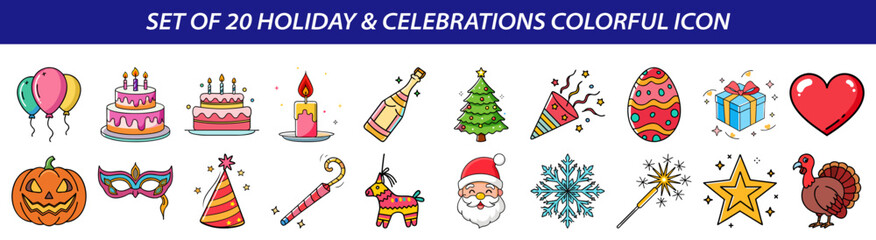 Fototapeta premium Set of Holiday and Celebrations Colorful Icons - Festive Season