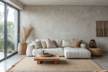 Japandi-style living room with a stucco wall, blending Scandinavian and Japanese aesthetics for a clean and modern look, Generative AI