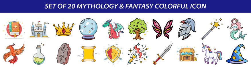 Set of 20 Colorful Mythology & Fantasy Vector Icons