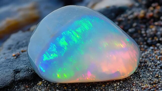 A single white opal sits atop a sandy beach, perfect for use in coastal-themed designs or as a symbol of purity and innocence