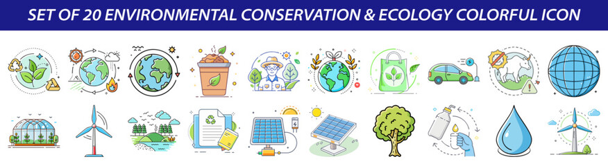 Set of 20 Colorful Environmental Conservation & Ecology Vector Icons