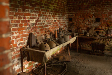 Military exhibits from World War II in a ruined fort
