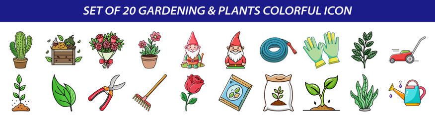 Set of Gardening and Plants Colorful Icons