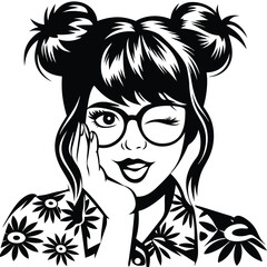 Asian woman with hair buns in floral shirt winks mischievously at the viewer