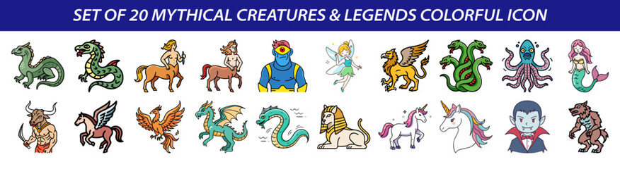 Set of Mythical Creatures and Legends Colorful Icons