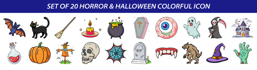 Set of Horror and Halloween Colorful Icons