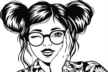 Asian woman with space buns and glasses winks, holding her hand to her face
