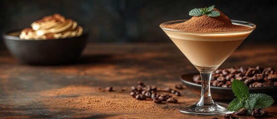 Elegant coffee cocktail with fresh mint and chocolate powder garnishment