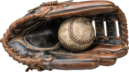 Worn Baseball Glove with Ball, isolated on transparent background