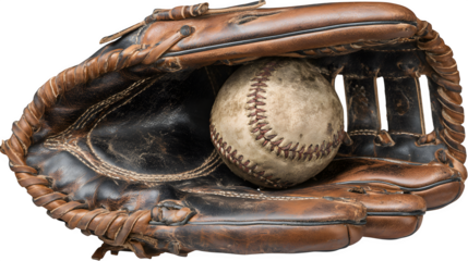 Worn Baseball Glove with Ball, isolated on transparent background