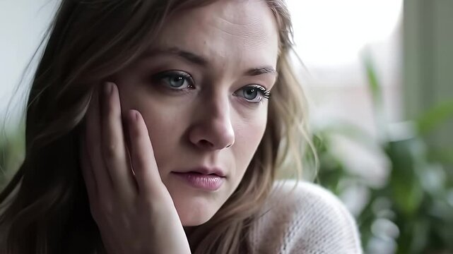 Pensive Young Blonde Woman with Blue Eyes in Natural Light Indoor Soft Focus Potrait