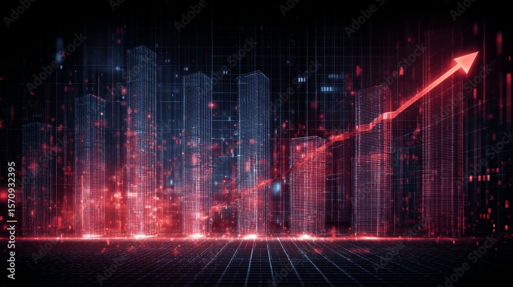 Poster a futuristic d bar chart with tall, glowing columns and an upward trending arrow, hovering over a da