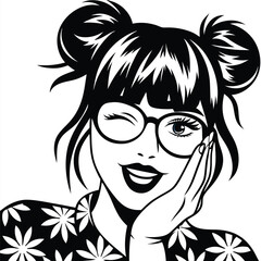 Attractive girl with space buns winks while resting cheek upon her hand