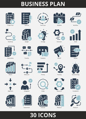 A collection of 30 business plan related icons in glyph blue style. Business plan icon pack with glyph blue style. Contains project plan, task list, team sync, deadline, workflow, roadmap and more