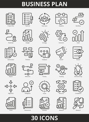 A collection of 30 business plan related icons in outline style. Business plan icon pack with outline style. Contains project plan, task list, team sync, deadline, workflow, roadmap and more