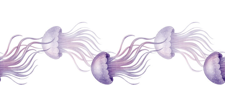 Seamless border with violet jellyfish in watercolor style. Marine life hand-drawn illustration. Isolated on white background. Great for summer designs, packaging, cards, and nautical decor.