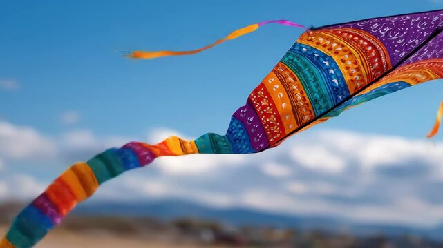 A colorful kite soars high against a backdrop of a blue sky, its rainbow tail dancing in the wind. This vibrant kite captures the joy of open-air adventures.