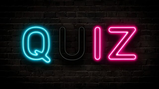 Glowing neon Quiz sign against a dark background. Nightlife and entertainment sign