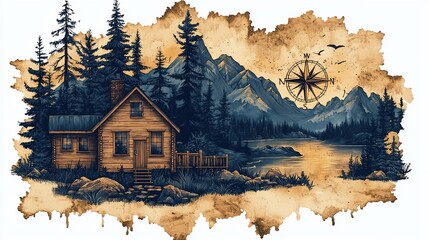 Rustic cabin nestled in a mountain landscape, illustrated on distressed parchment